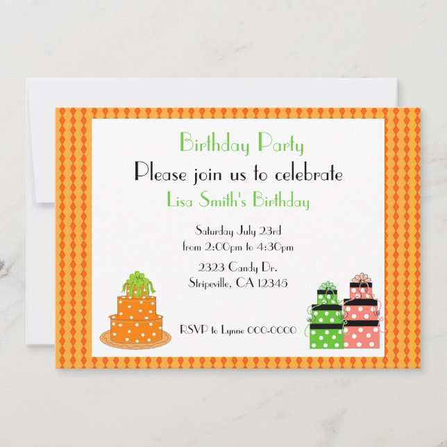 Orange Polka Dot Birthday Cake Party Invitation (Front)