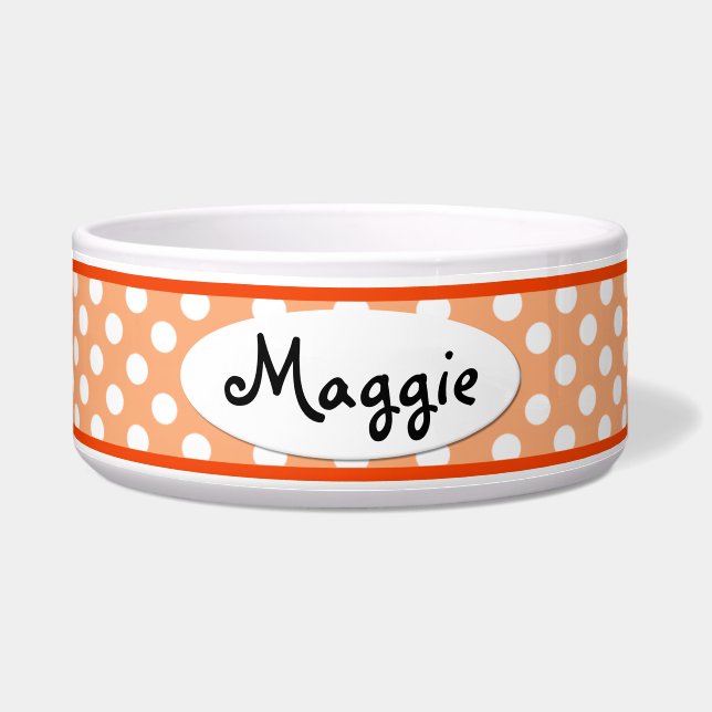 Orange Polka Dot Personalised Ceramic Dog Bowl (Front)