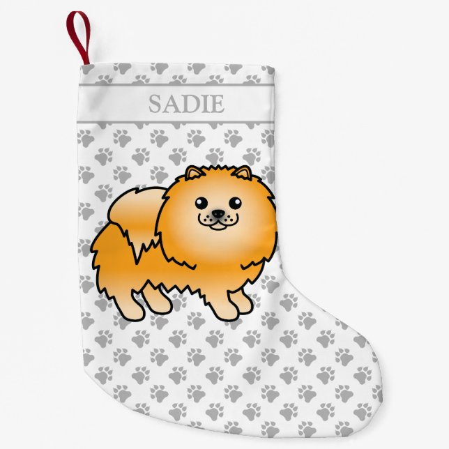 Orange Pomeranian Cute Cartoon Dog & Name Small Christmas Stocking (Front)