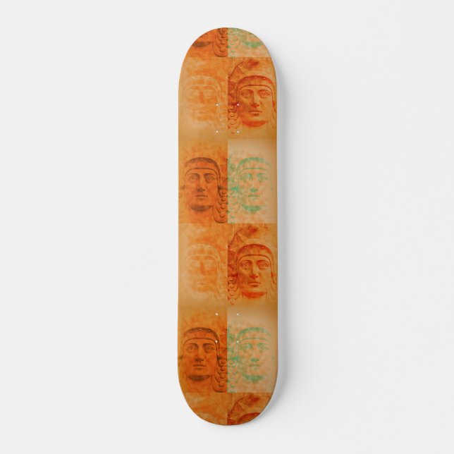 Orange Pop Art Deco Stone Head Skateboard Deck (Front)