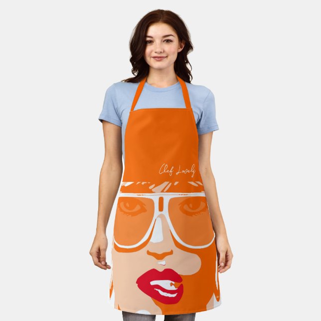 Orange Pop Art Pretty Woman Sunglasses Red Lips Apron (Worn)