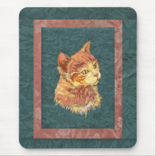 Orange Pop Art Tabby on green silk brocade print Mouse Mat