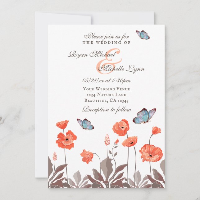 Orange Poppies and Blue Butterflies Floral Wedding Invitation (Front)