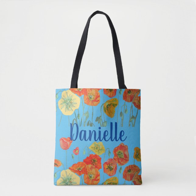 Orange Poppies blue Floral flowers Girl Name Bag (Front)