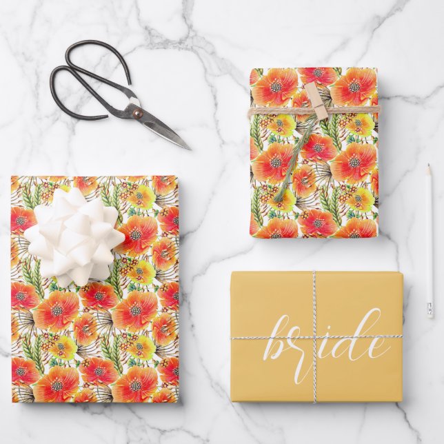 Orange Poppies Bridal Wedding Wrapping Paper Sheet (Front)