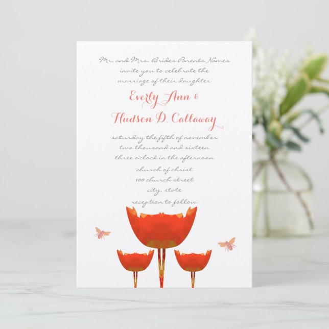 Orange Poppies & Bumble Bees Wedding Invitation (Standing Front)