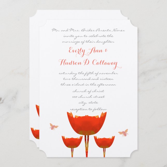 Orange Poppies & Bumble Bees Wedding Invitation (Front/Back)