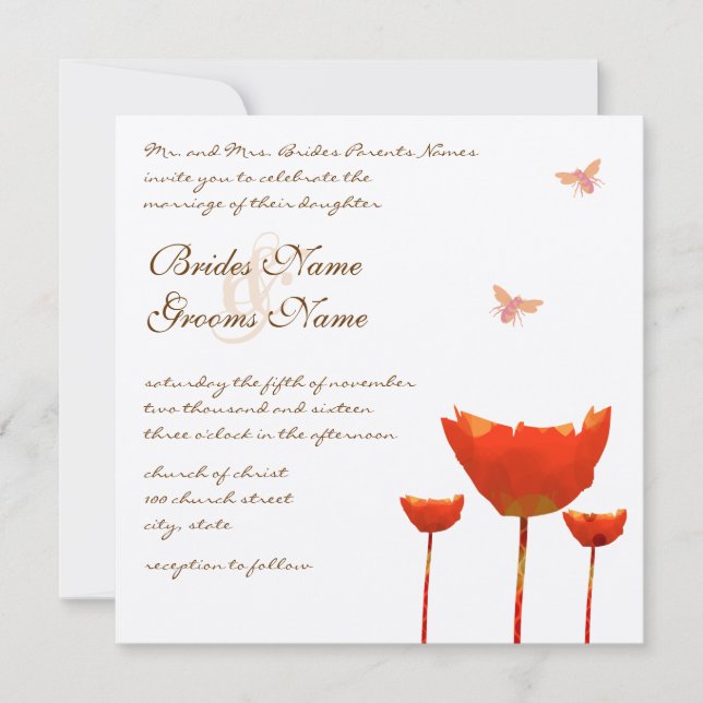 Orange Poppies & Bumble Bees Wedding Invitation (Front)