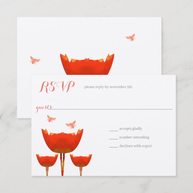 Orange Poppies & Bumble Bees Wedding Invitation (Front/Back)