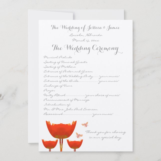 Orange Poppies & Bumble Bees Wedding Program Invitation (Front)