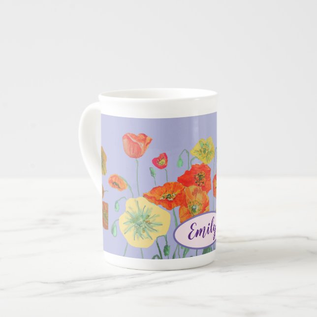 Orange Poppies Floral flowers Pastel purple Lilac Bone China Mug (Front Left)
