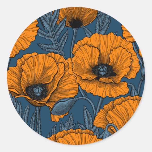 Orange poppies on dark blue classic round sticker (Front)