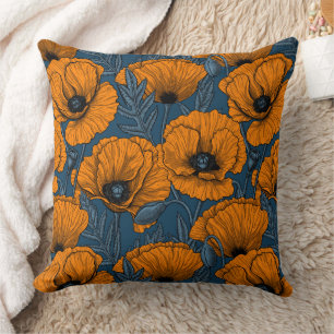 Orange poppies on dark blue cushion