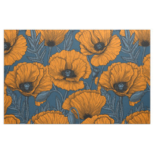 Orange poppies on dark blue fabric