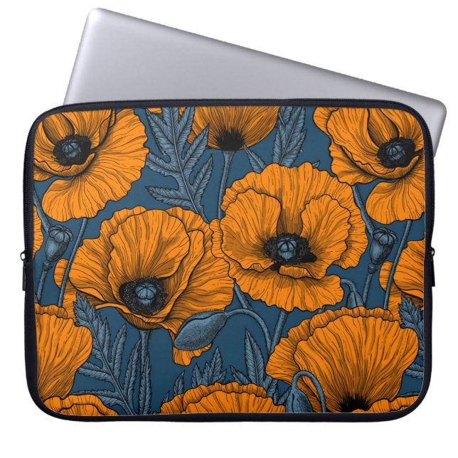 Orange poppies on dark blue laptop sleeve (Front)