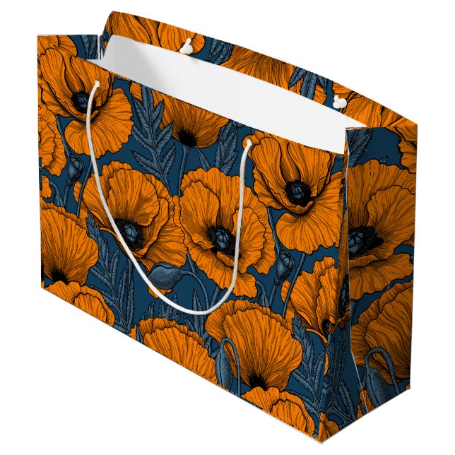 Orange poppies on dark blue large gift bag (Back Angled)