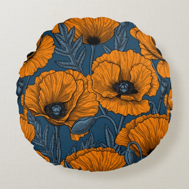 Orange poppies on dark blue round cushion (Front)