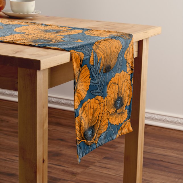 Orange poppies on dark blue short table runner (In Situ)