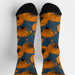 Orange poppies on dark blue socks