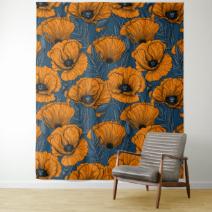 Orange poppies on dark blue tapestry