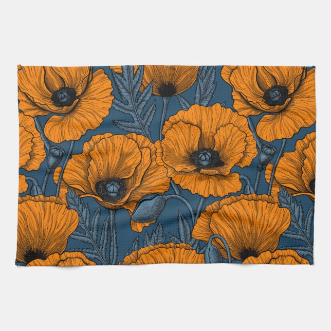 Orange poppies on dark blue tea towel (Horizontal)