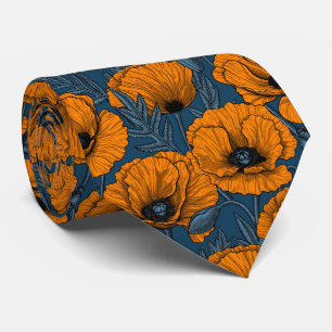 Orange poppies on dark blue tie