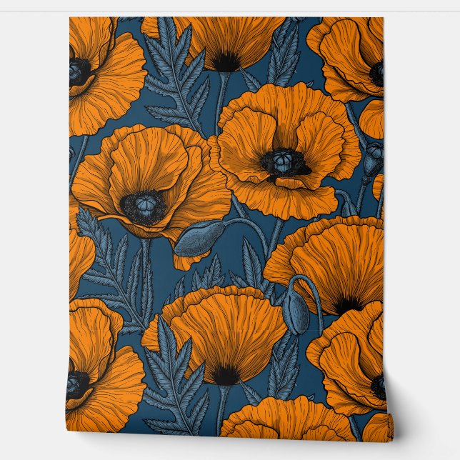 Orange poppies on dark blue wallpaper (Unrolling)