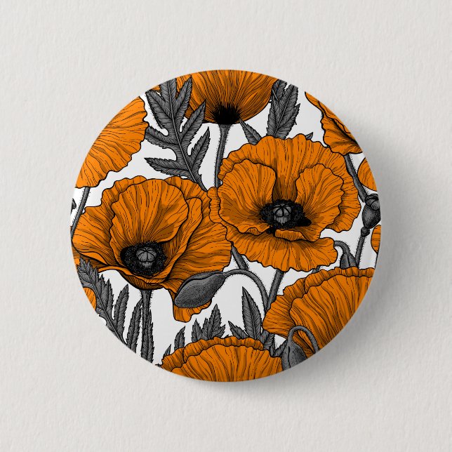 Orange poppies on white 6 cm round badge (Front)