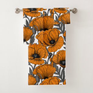 Orange poppies on white bath towel set