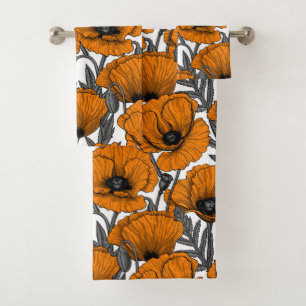 Orange poppies on white bath towel set