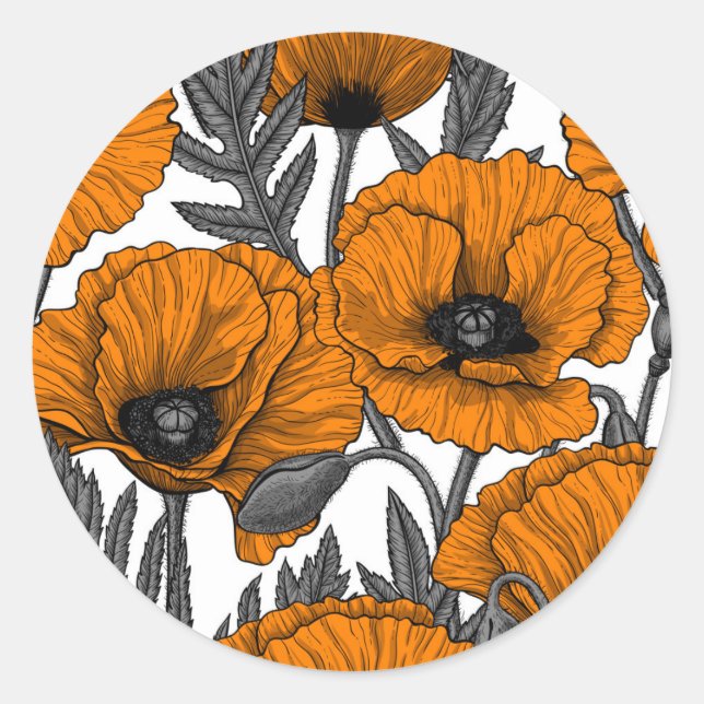 Orange poppies on white classic round sticker (Front)