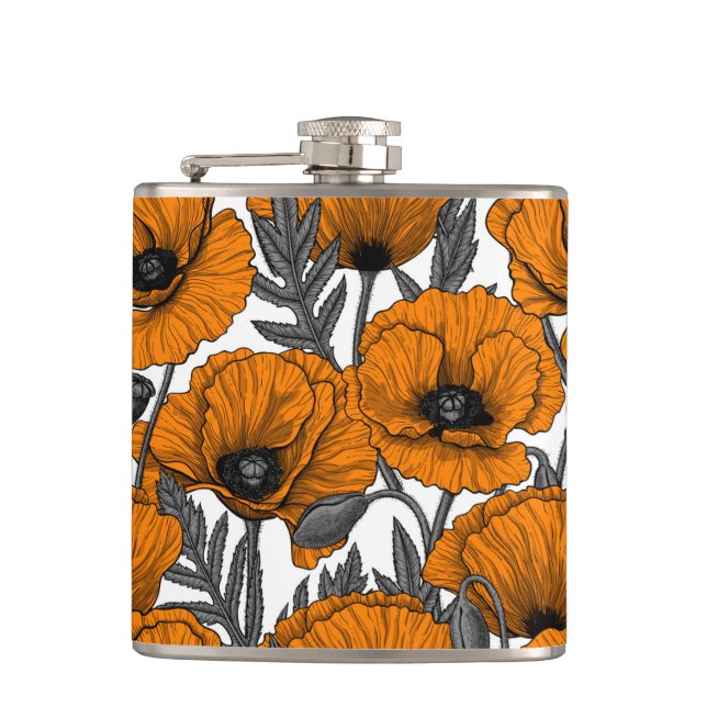 Orange poppies on white hip flask (Front)