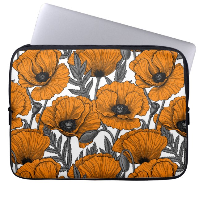 Orange poppies on white laptop sleeve (Front)