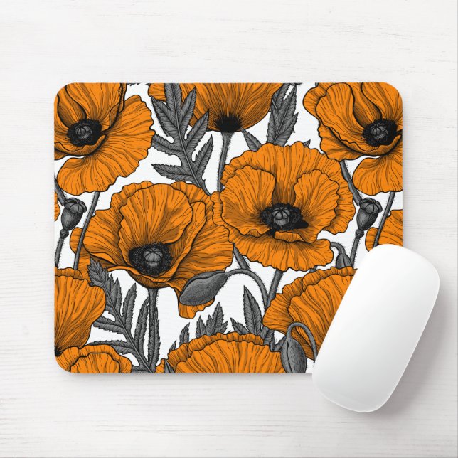 Orange poppies on white mouse mat (With Mouse)