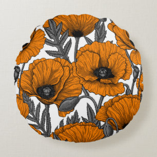 Orange poppies on white round cushion