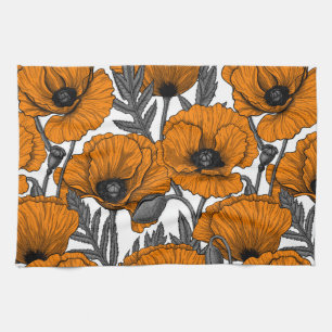 Orange poppies on white tea towel