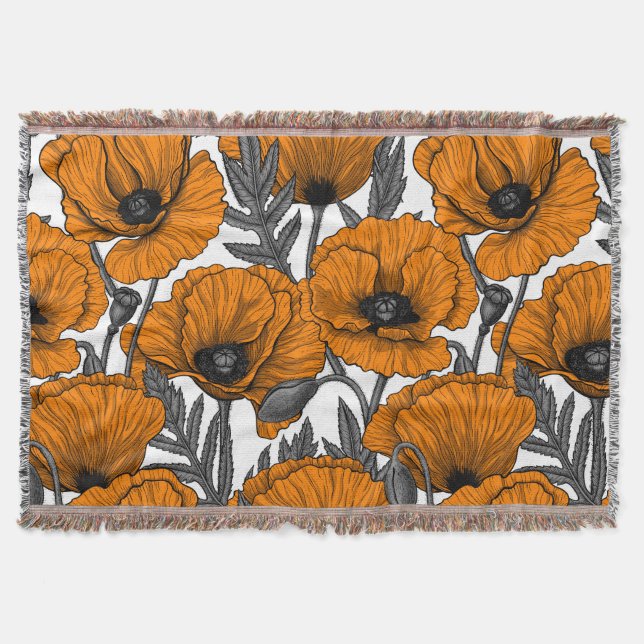 Orange poppies on white throw blanket (Front)