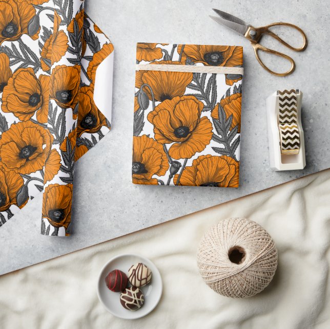 Orange poppies on white wrapping paper (Crafts)
