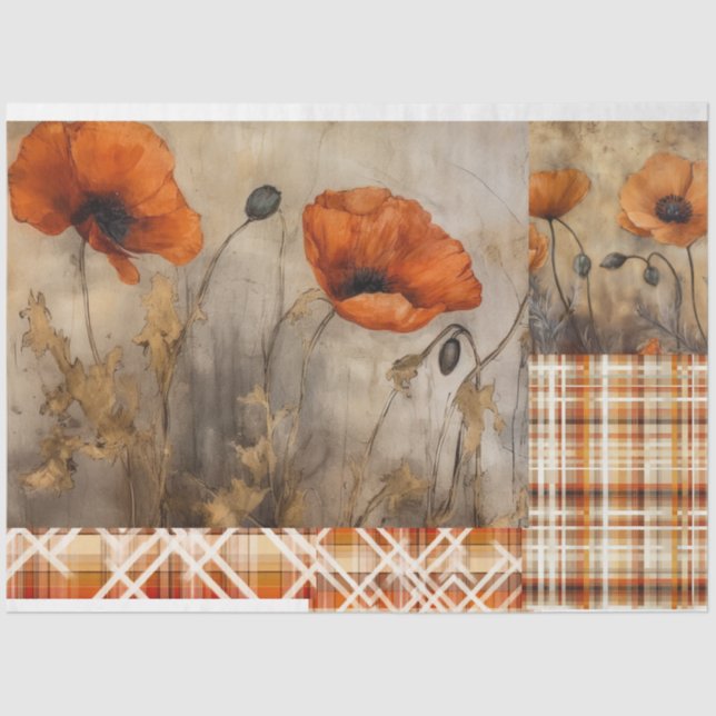 Orange Poppies & Plaid for Decoupage or Giftwrap Tissue Paper (Front)