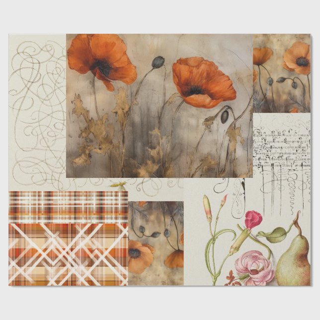 Orange Poppies & Plaid for Decoupage or Giftwrap Wrapping Paper (Flat)