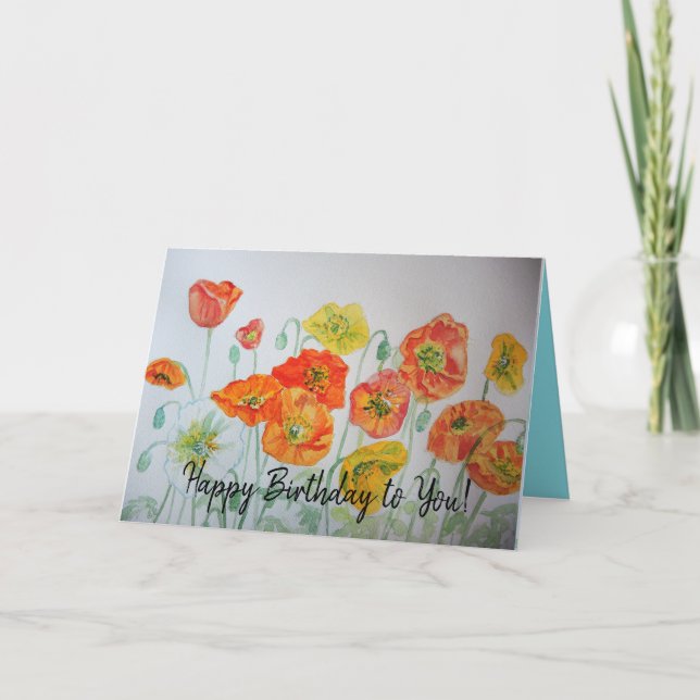 Orange Poppies Watercolour Happy Birthday Card (Front)