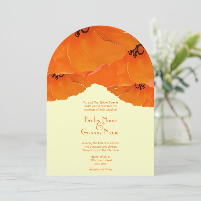 Orange Poppies Wedding Invitation (Standing Front)