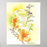 orange poppies, white daisies and purple sweetpeas