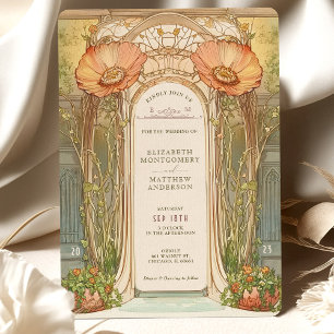 Orange Poppy Arch Art Nouveau Wedding Invitation