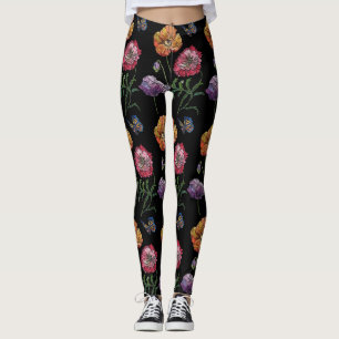 Orange Poppy Black Floral Watercolor Leggings