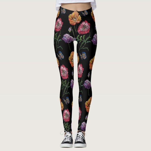 Orange Poppy Black Floral Watercolor Leggings (Front)