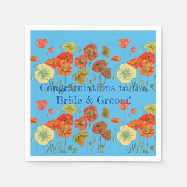 Orange Poppy Bride & Groom Serviette Napkins Blue (Front)