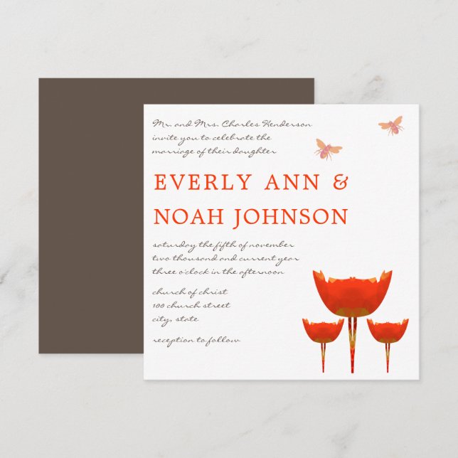 Orange Poppy & Bumble Bee Wedding  Invitation (Front/Back)