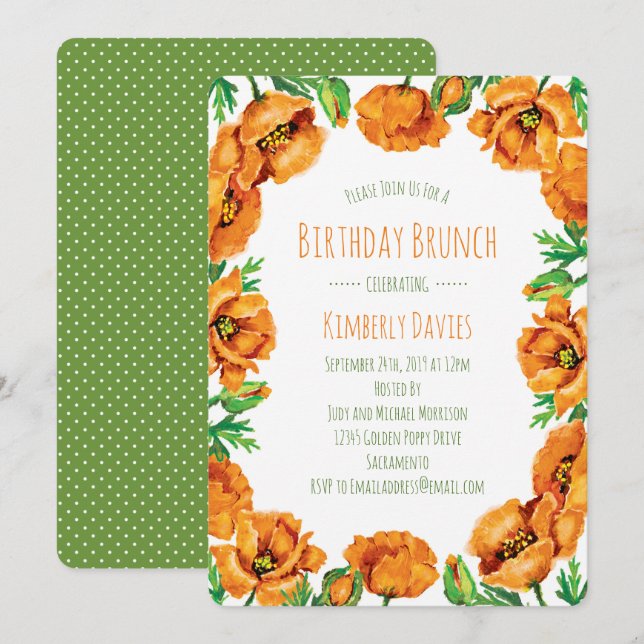 Orange Poppy Dot Birthday Brunch Invitation (Front/Back)