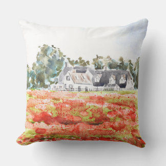 orange poppy  field in oxfordshire watercolour  cushion